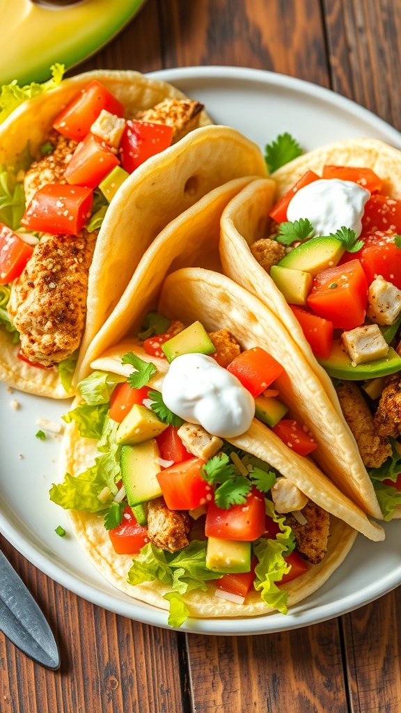 Cloud bread tacos filled with chicken, lettuce, tomatoes, and avocado on a rustic plate.